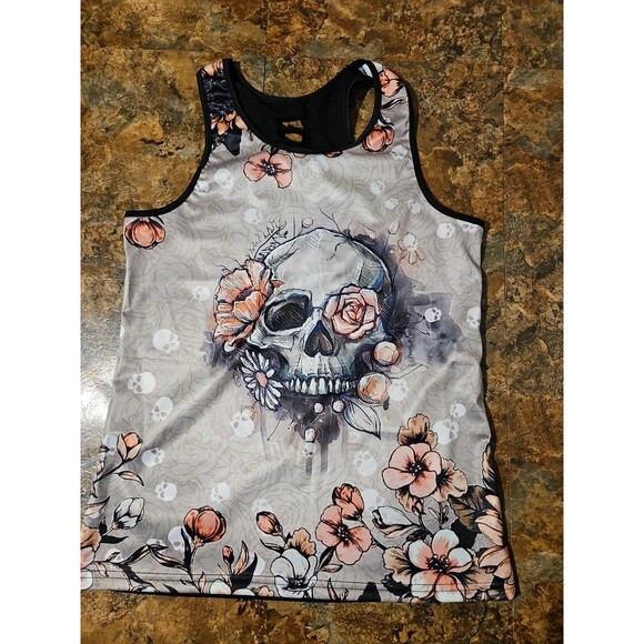 Skull Tank Floral Lace Back Lg Sister Army Tank Top (A182) - Picture 6 of 10